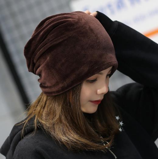 Kvinder dame fløjlskasketter efterår vinter varm solid blød slouch beanie ski hip hop hat kasket oversized: Kaffe