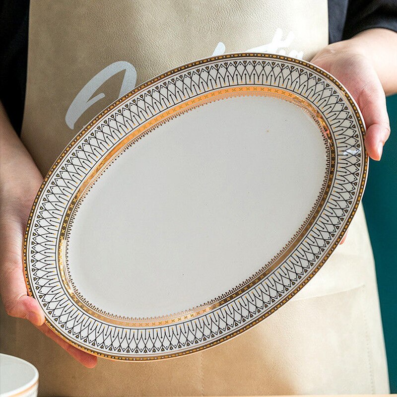 Vajilla de cerámica con borde de oro Retro de alto grado, plato para salsa, fideos, tazón de sopa, cuchara para cenas, juego de platos para carne, Deco para el hogar