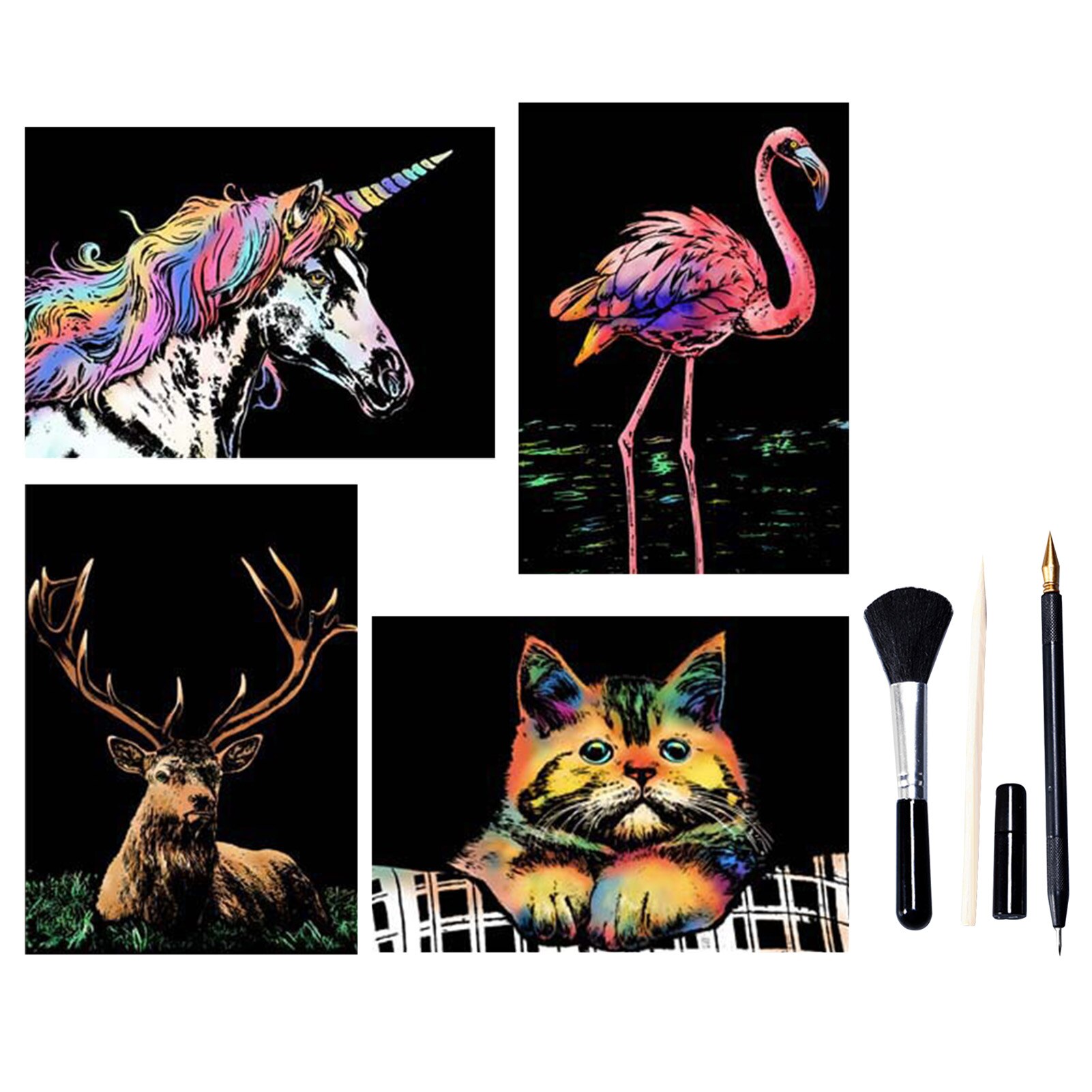 Animal Scratch Painting Set Rainbow Painting Scratchboard Kit Children Handcraft DIY Painting For Kids Best: B