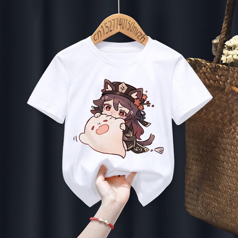 Hu Tao Genshin Impact Print Red Kid t-shirt bambini bambino nero Harajuku Kawaii vestiti ragazzo ragazza top regalo presente, nave di caduta: white / 8T 140-150cm