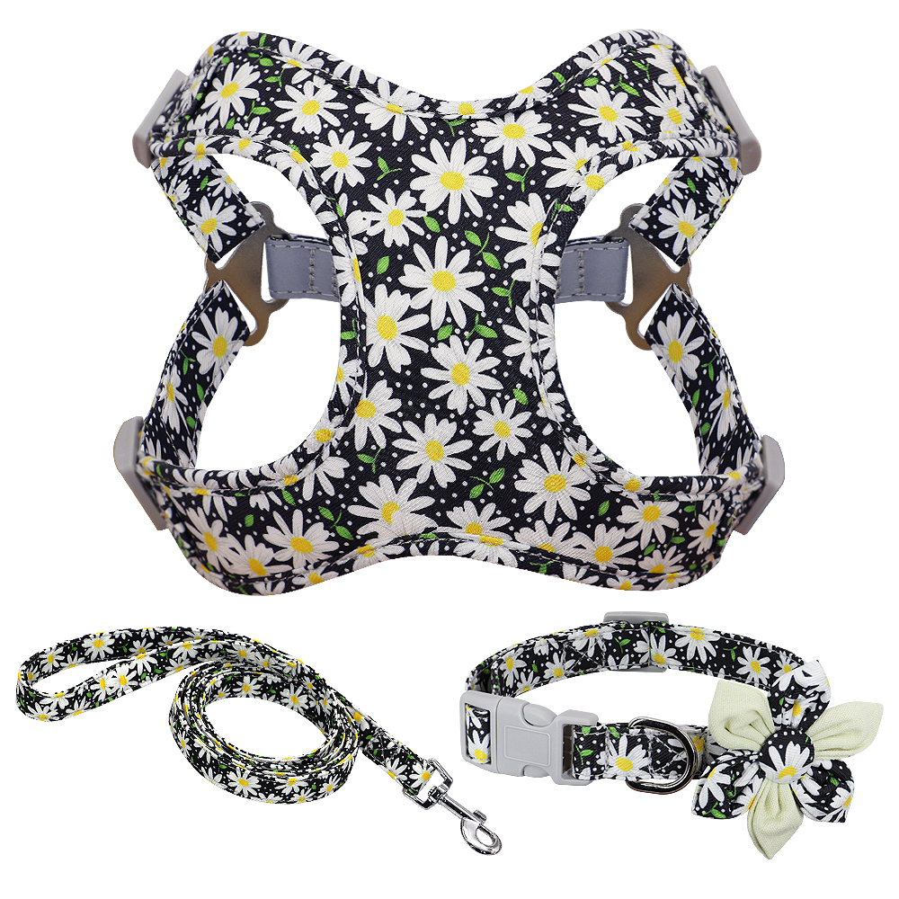French Bulldog Harness Leash And Collar Set Printed No Pull Dog Harness Vest Leash Collar Set For Small Medium Large Dogs: black / S