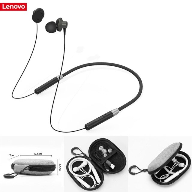 Original Lenovo HE05 Bluetooth 5.0 Neckband Wireless headphones Stereo Sports Magnetic Headphones Sports Running IPX5 Waterproof: HE05 Black Add Bag