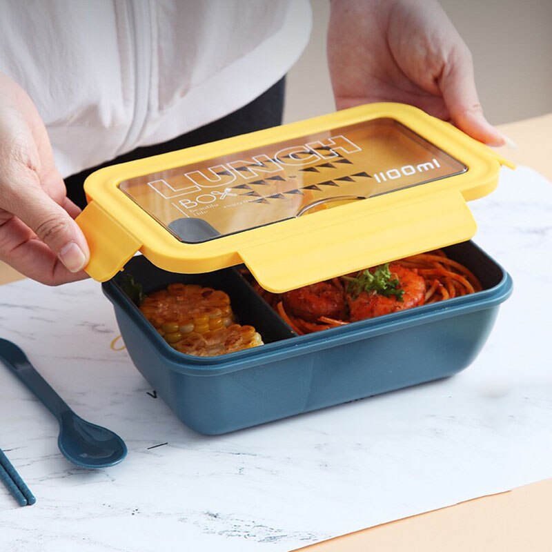 Microwave Lunch Box withBento Compartments Portable Box Japanese Style Leakproof Food Container for Kids with Tableware