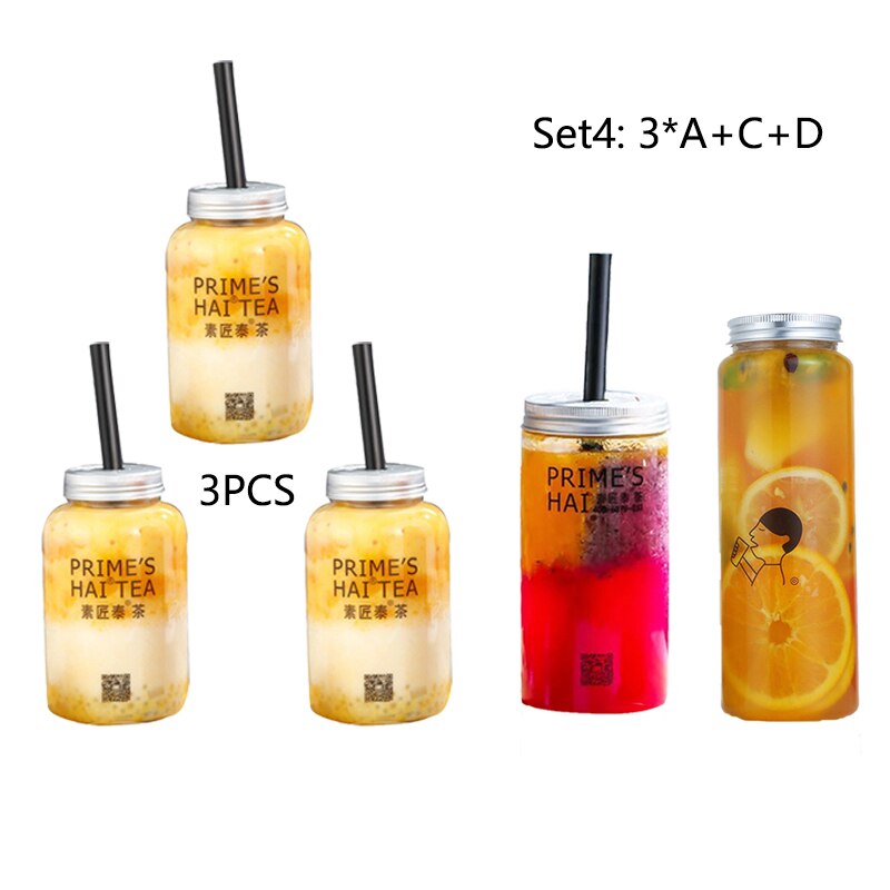 500ml plastic drinkflessen met aluminium deksels, wegwerpflessen met doorzichtige drank en water, brede hals voor snoep en thee.: Set 4