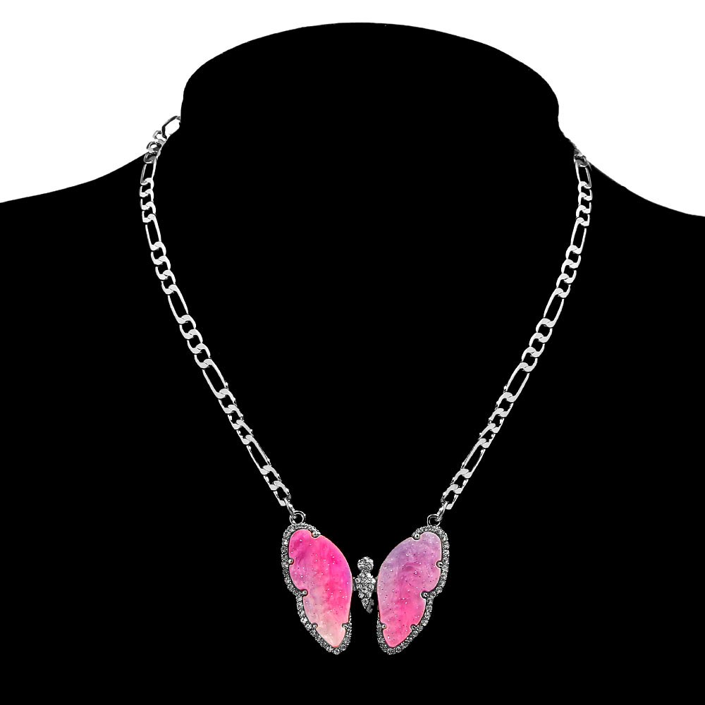 Flatfoosie Trendy Big Butterfly Crystal Pendant Necklace For Women Gold Silver Color Multi-layer Choker Necklace Hip-hop Jewelry: 030901SL