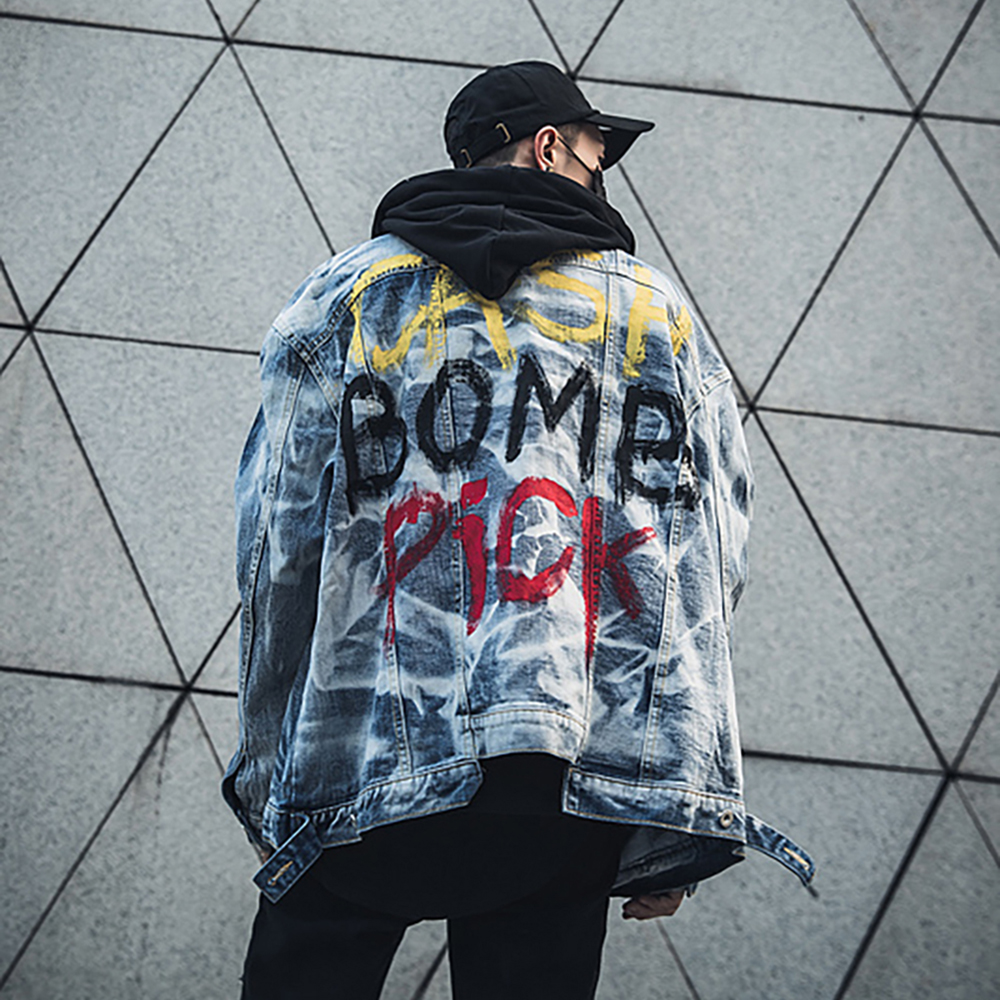 Chaqueta vaquera pintada a mano para hombre, chaqueta Harajuku, azul, Otoño,