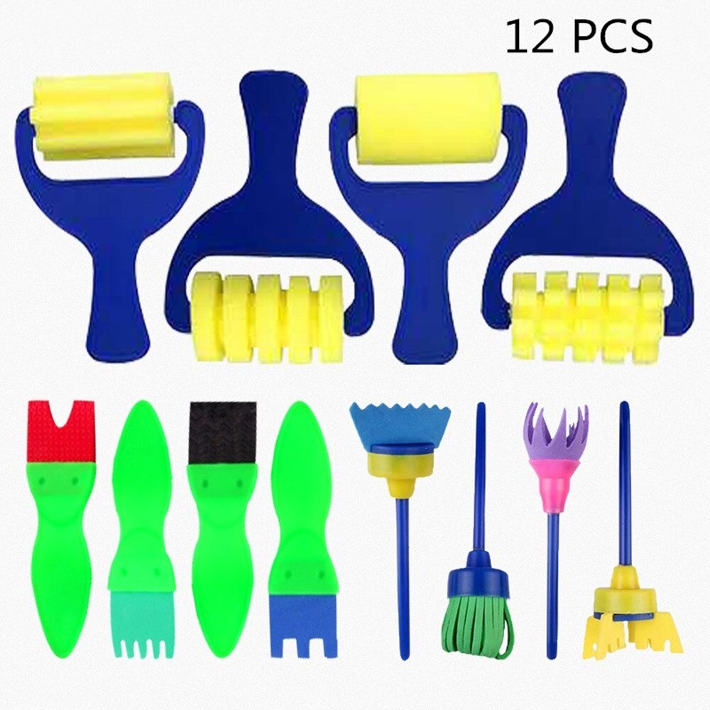 Children Painting Foam Sponge Brush Apron moulds Tools Kit Kids Early Art Education Learning Drawing Graffito Tool set: 12 pcs