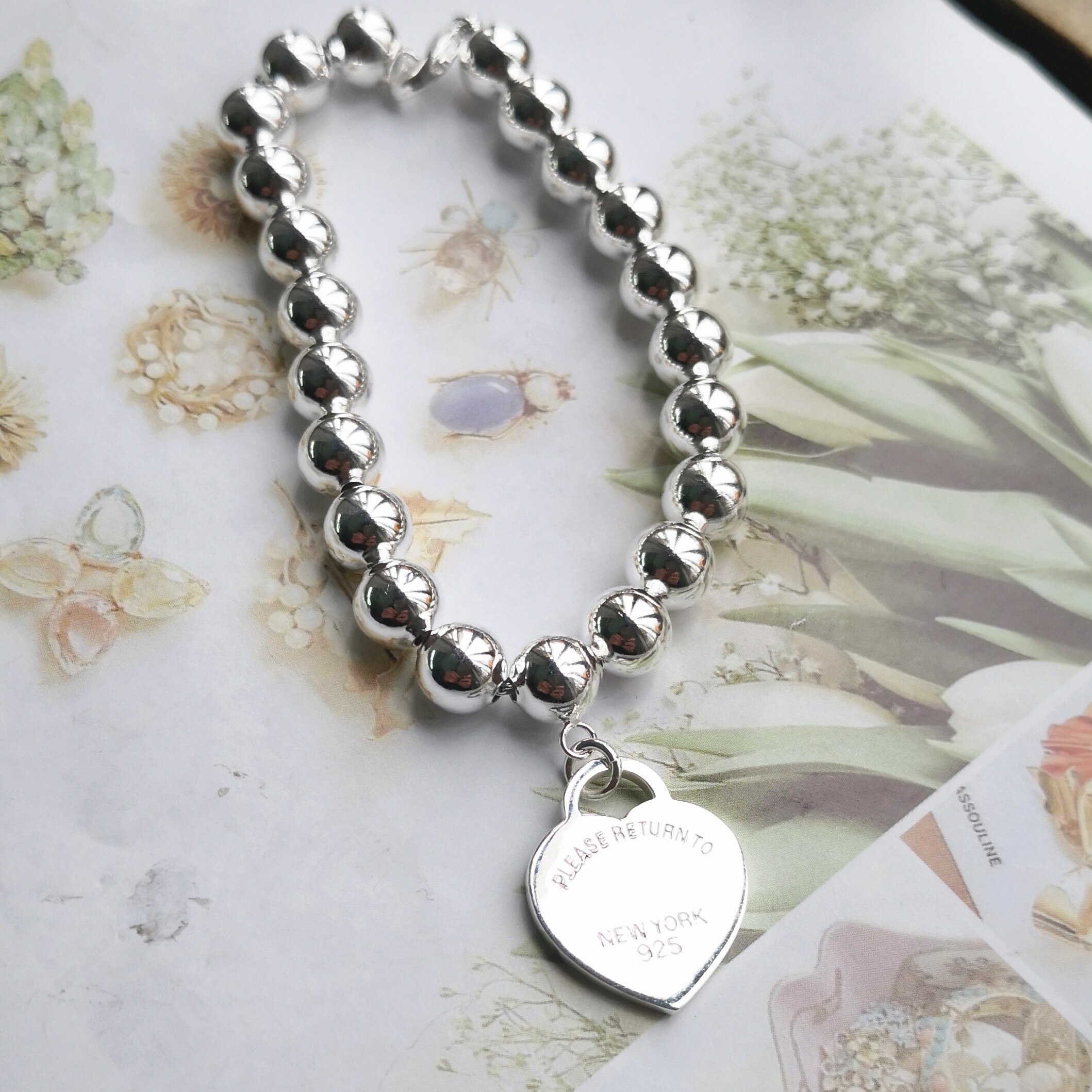 1: 1 Plata de Ley 925, tarjeta clásica de de plata con corazón, cuentas redondas de 8mm, pulsera de mujer, joyería de de vacaciones