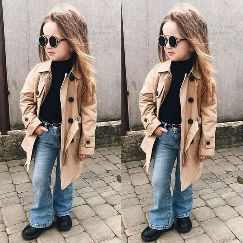 Brand Trench For Kids Girls Baby Solid Double-breasted Belted Lapel Beige Lined Trench Long Jacket Coat Autumn