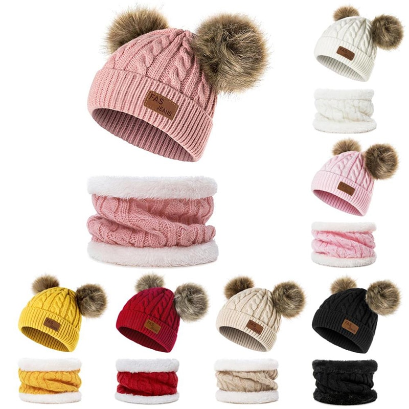 2 stk låve lue skjerf sett vinter varm baby lue strikket lue gutt jente luer skjerf vinter pluss fløyel tykk lue lue 0-3 år