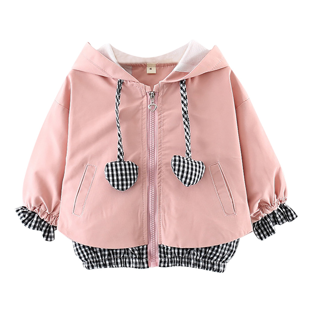 Baby Meisjes Liefde Print Jas Voor Peuter Baby Kids Meisjes Hart Plaid Hooded Winddicht Jas Uitloper Casual Kleding Veste Enfant: Pink / 12m