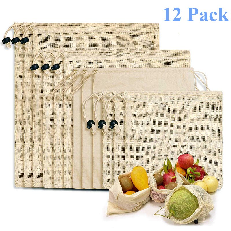 Genanvendelige indkøbsposer 100%  bomuldsgrøntsagsfrugter opbevaringsposer 12 stk mesh indkøbsposer til indkøbsprodukter til kvinder vaskbare poser: 9 mesh 3 bomuld