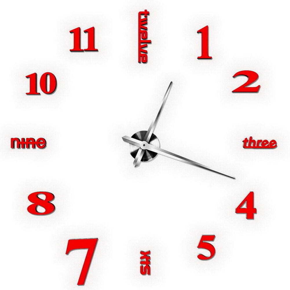 3d spiegel stille klok diy digitale klok woonkamer slaapkamer decoratie  tp899: Rode zilveren naald