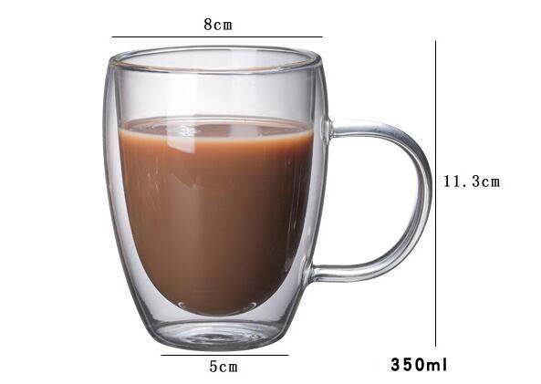 1Pcs Double Coffee Mugs With the Handle Mugs Drinking Insulation Double Wall Glass Tea Cup Drinkware Milk: A 350ml