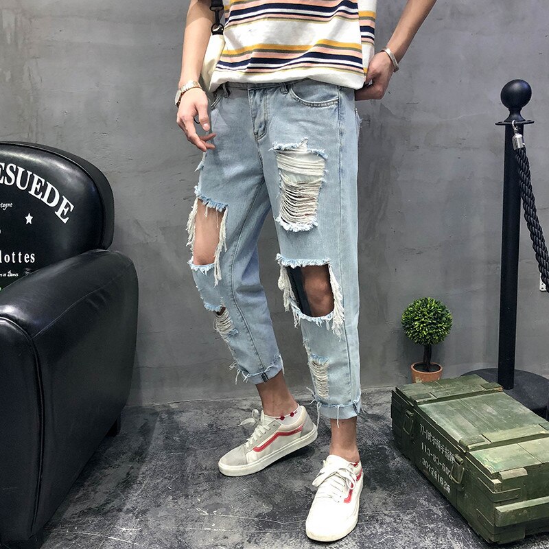 VERSMA Korean Ulzzang Summer Vintage Ripped Jeans For Men Kpop Streetwear Rip Curl Stretch Retro Denim Jeans Wide Baggy BF Pants