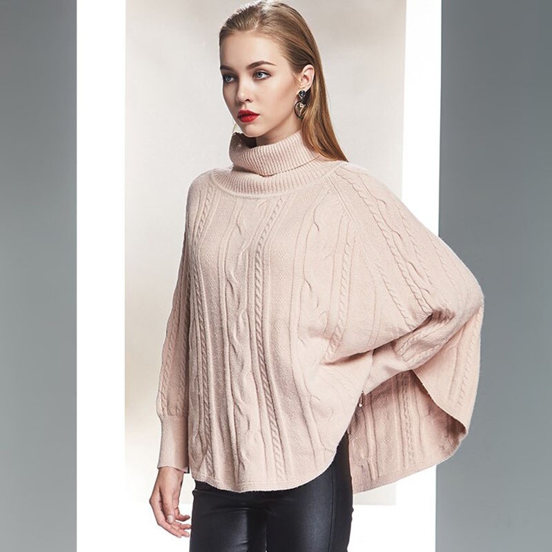 Style Turtleneck Cape Twist Cape Sweater European and American Bat Sleeve Loose Large Turtleneck Sweater Women