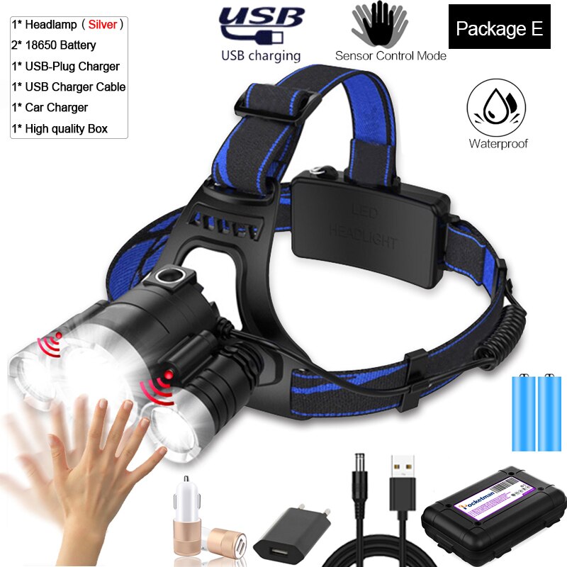 Super Leistungsstarke Sensor Scheinwerfer Wiederaufladbare Körper Motion Sensor Scheinwerfer Wasserdichte LED Kopf Licht USB Kopf Vorder Taschenlampe 18650