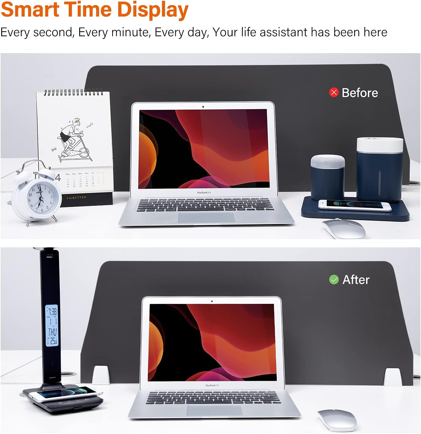 USB-LED-Schreibtisch lampe mit kabellosem Ladung kalender Temperatur Wecker Augenschutz Studie Lesen Geschäft hell Tisch lampe