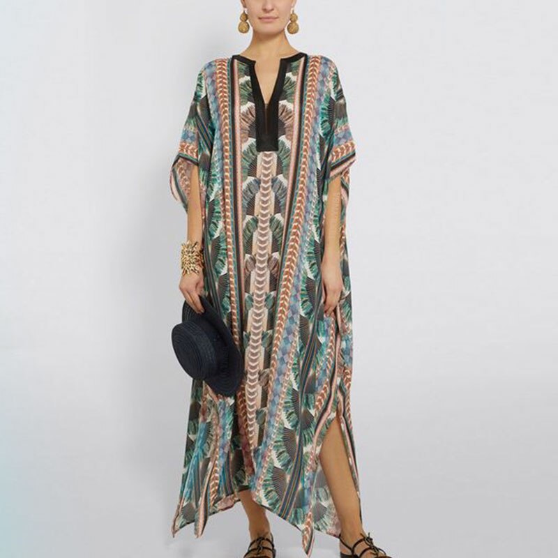 2022 Quick-drying Cover-up Bohemian Printed Summer Dress Cotton Tunic Women Plus Size Beach Wear Swim Suit Cover Up Kaftan Q1047