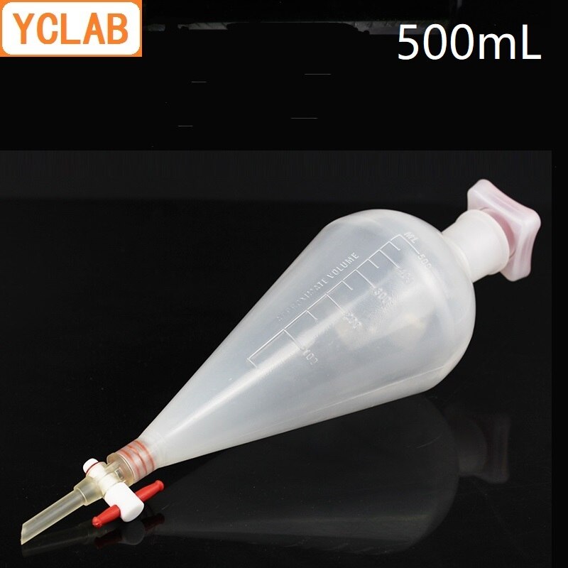 YCLAB 500mL Seperatory Funnel Pear Shape PP Plastic with PTFE Stopcock Polypropylene Polytetrafluoroethylene Labware