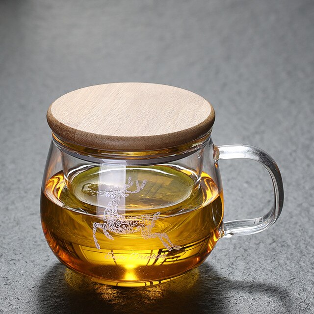 Transparent Glass Tea Cups Household Flower Teacups with Lid and Filter Heat Resistant Water Mug Office Drinkware: 500ml bamboo lidA