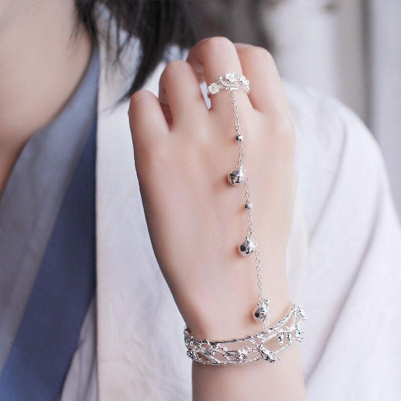 Chinese Butterfly Bells Ring Bracelet All-in-one Flower Bangle Charm Jewelry Silver Plated Bracelet Women Jewelry Accessories: Style 2