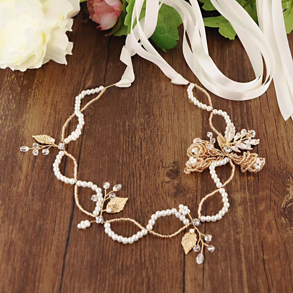 Mode Bruids Riemen Parels Kralen Golden Leaf Riem Bloemen Wedding Sash Riem Voor De Bruid Bruiloft Accessoires Vrouwen Dress Up: White 