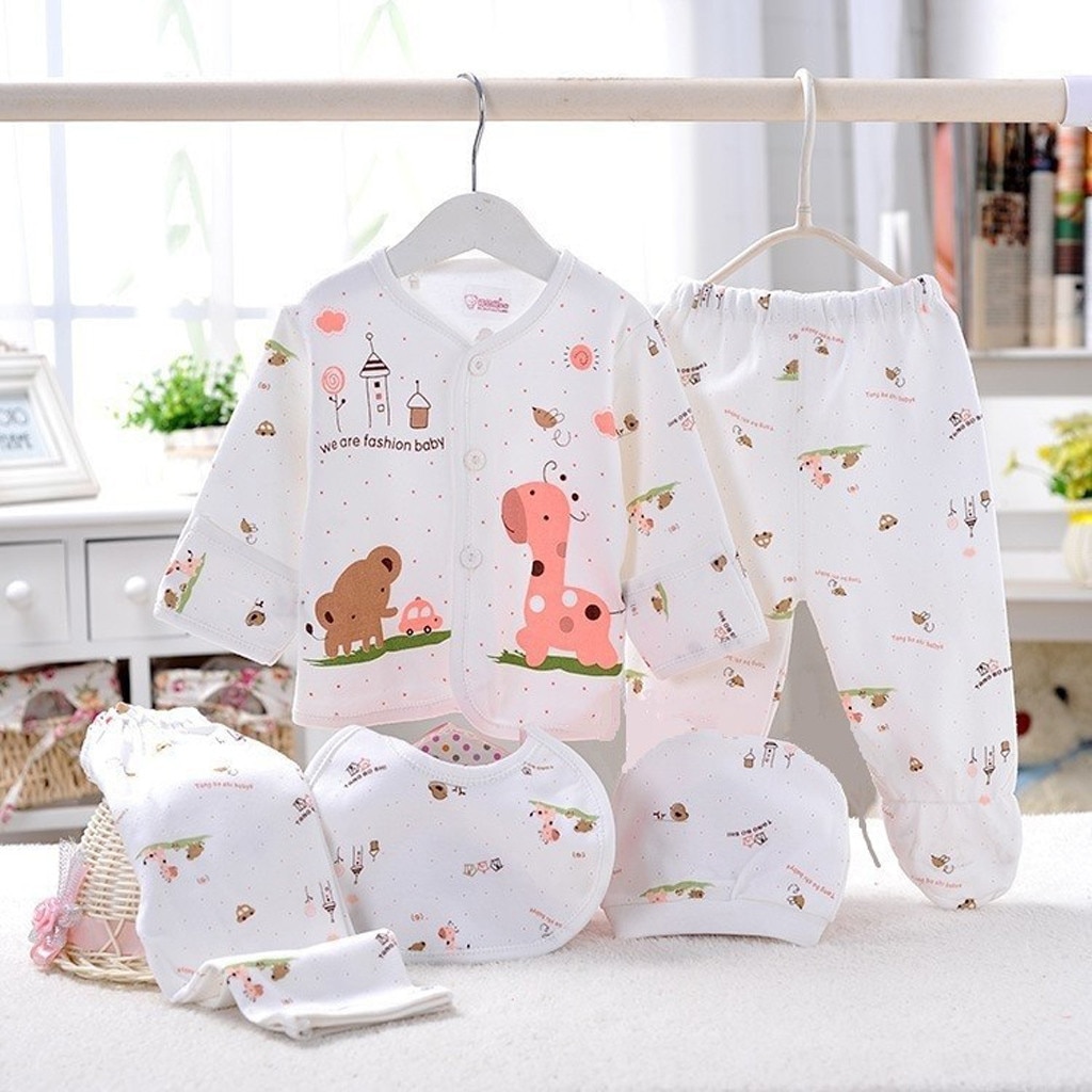 Ensemble de vêtements pour -né garçon et fille, 5 pièces, imprimé hérisson de dessin animé, haut à manches longues, pantalon, chapeau, bavoir, tenue pour enfants, pour -né: J(5PCS)