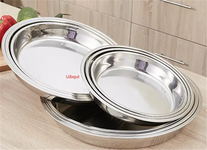 Large Stainless Steel thick Flat Round Dish tray Charger Plates Silver Serving Tray Cake Metal deep Plate dinner dish plate sets