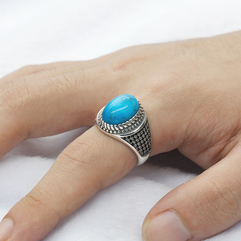 Echt 925 Sterling Zilveren Mannen Ring Met Blauwe Natuurlijke Turquoise &amp; Black Cz Steen Vintage Thai Zilveren Ring Voor Mannelijke turkse Sieraden