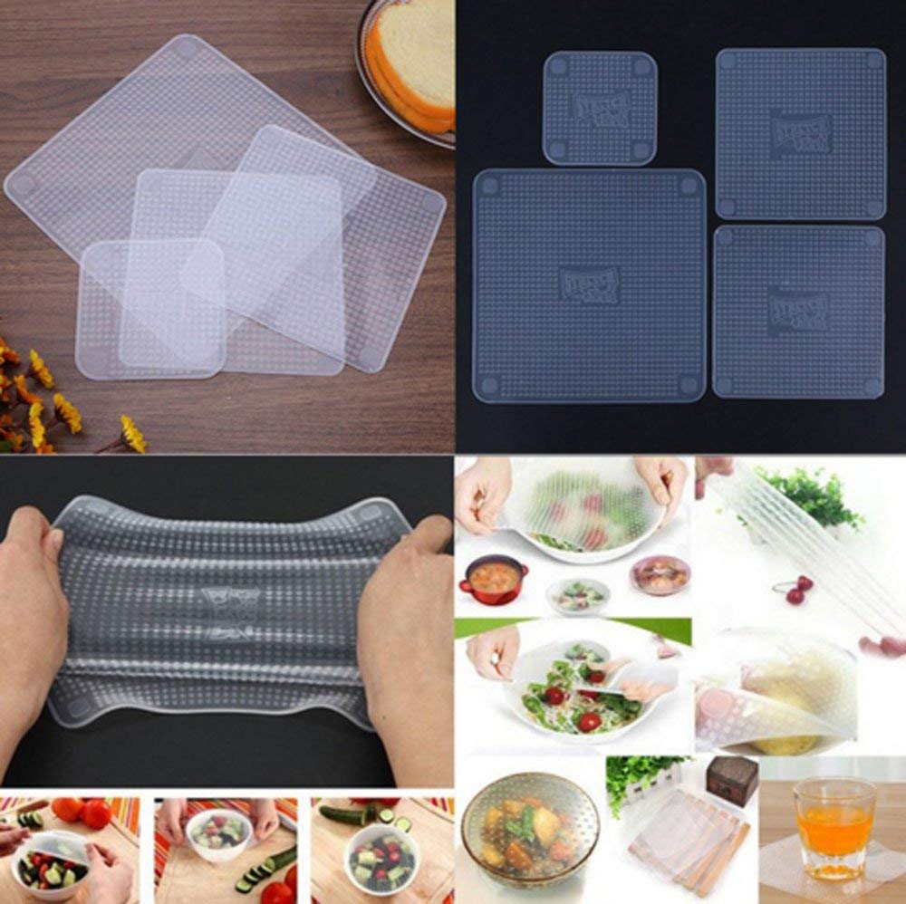 4 pcs Multifunctional Food Fresh Keeping Saran Wrap Kitchen Tools Reusable Silicone Food Wraps Seal Vacuum Cover Lid Stretch