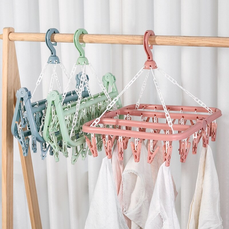 Colgador de secador de ropa plegable, estante de secado de plástico multifuncional para el hogar, dormitorio, balcón, armario, tendedero W, 32 Clips