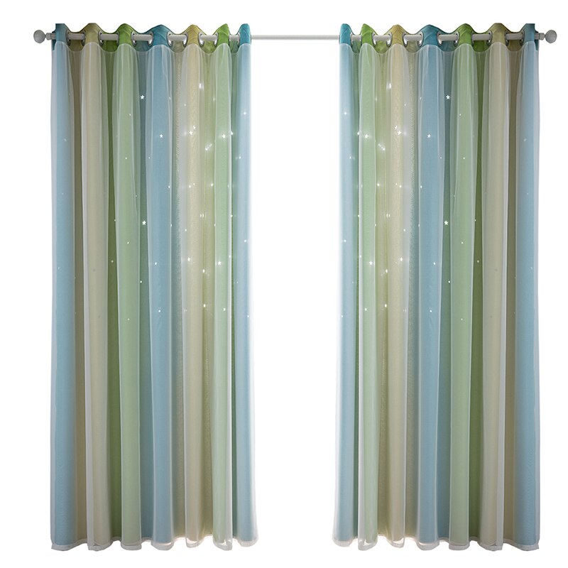 Double Layer Blackout Curtains Star Cutout For Living Room Home Decor White Sheer Window Curtain Panels For Babys Bedroom: Green