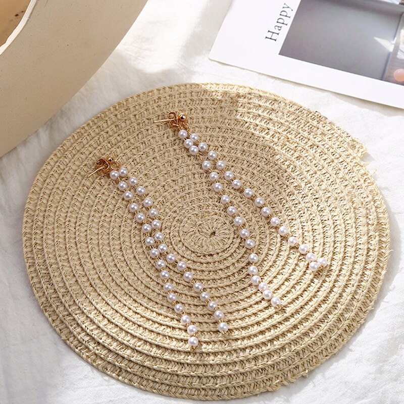 S925 Pin Stud Oorbellen Witte Parel Lange Fringe Oorbellen Modieuze Temperament Lange Oorbellen Voor Vrouwen Party: 002