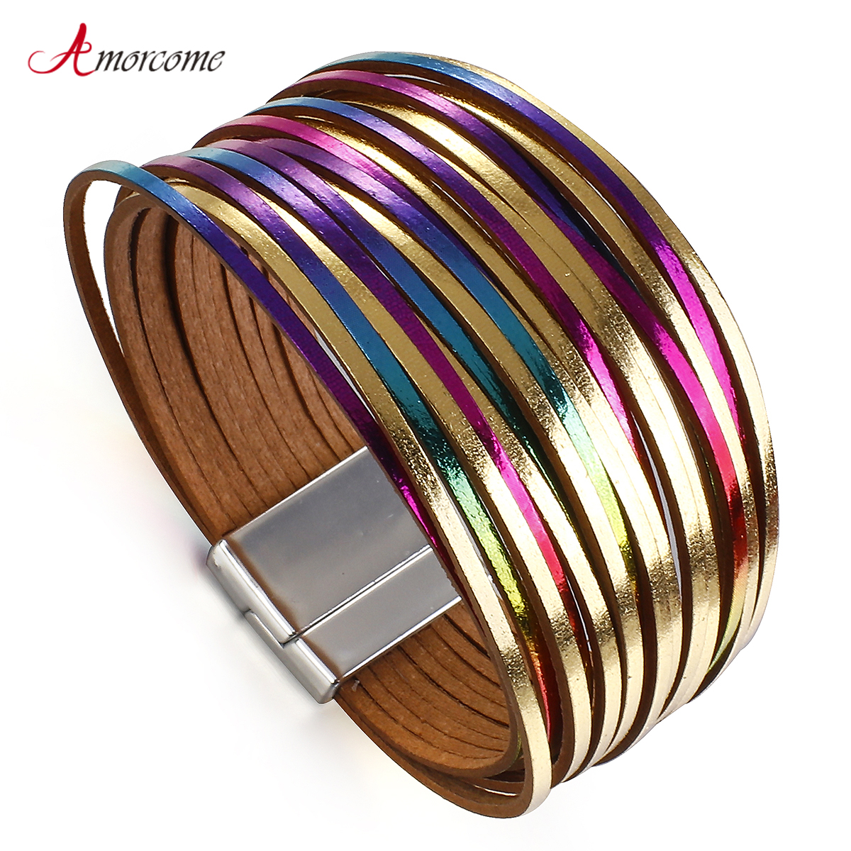 Amorcome Shiny Iridescent Magnetic Buckle Bracelet for Women Leather Wrap Bracelet Tempting Statement Party Club Jewelry