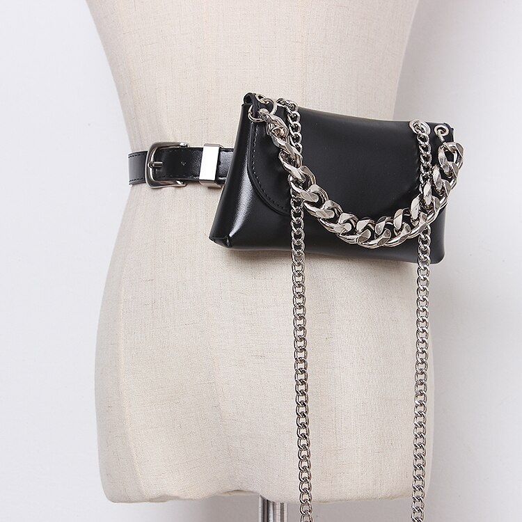 PU taille Packs femmes blanc cuir synthétique polyuréthane noir taille ceinture téléphone sac maquillage portefeuille Double large chaîne sac de messager