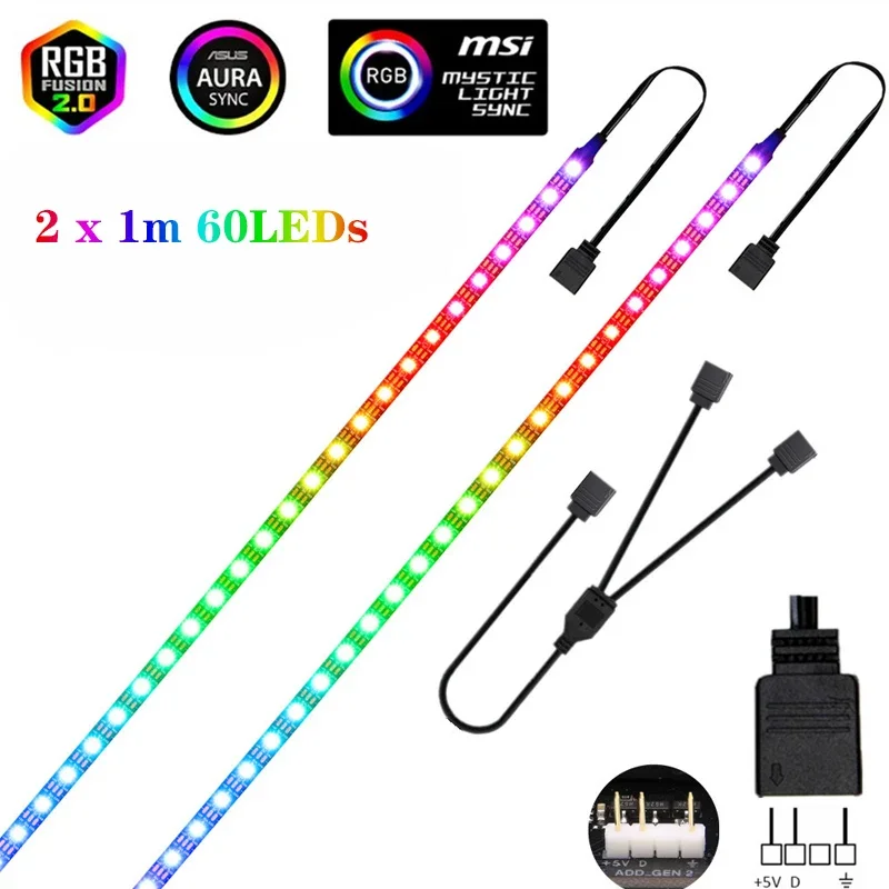 Bande lumineuse LED RGB WS2812B, 5V, 3 broches, adressable, pour ASUS AURA SYNC, MSI Mystic Light Sync, GIGABYTE