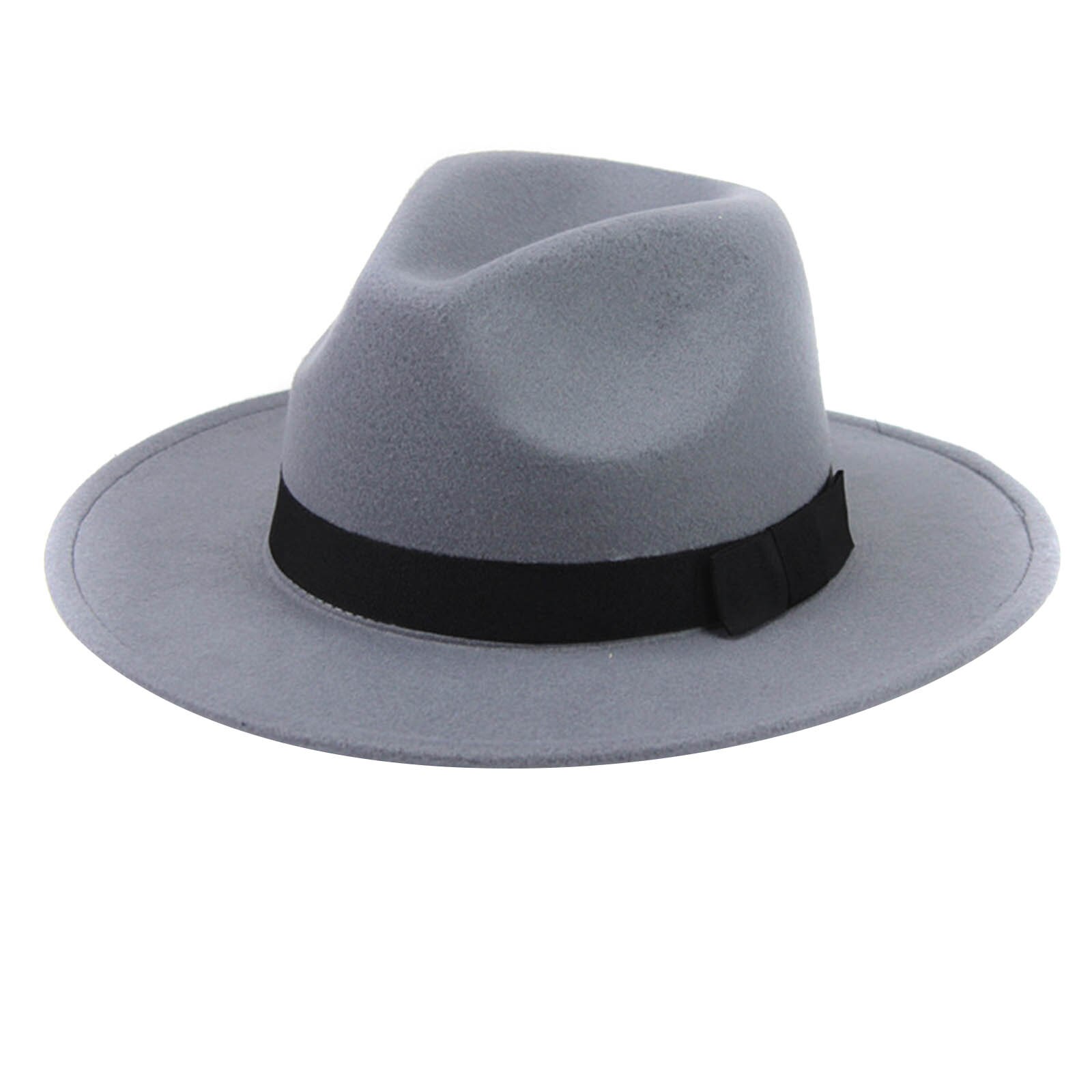 Sombrero de lana con cinturón de borde ancho para mujer, gorro cruzado de fieltro con parte trasera, estilo británico: Gris