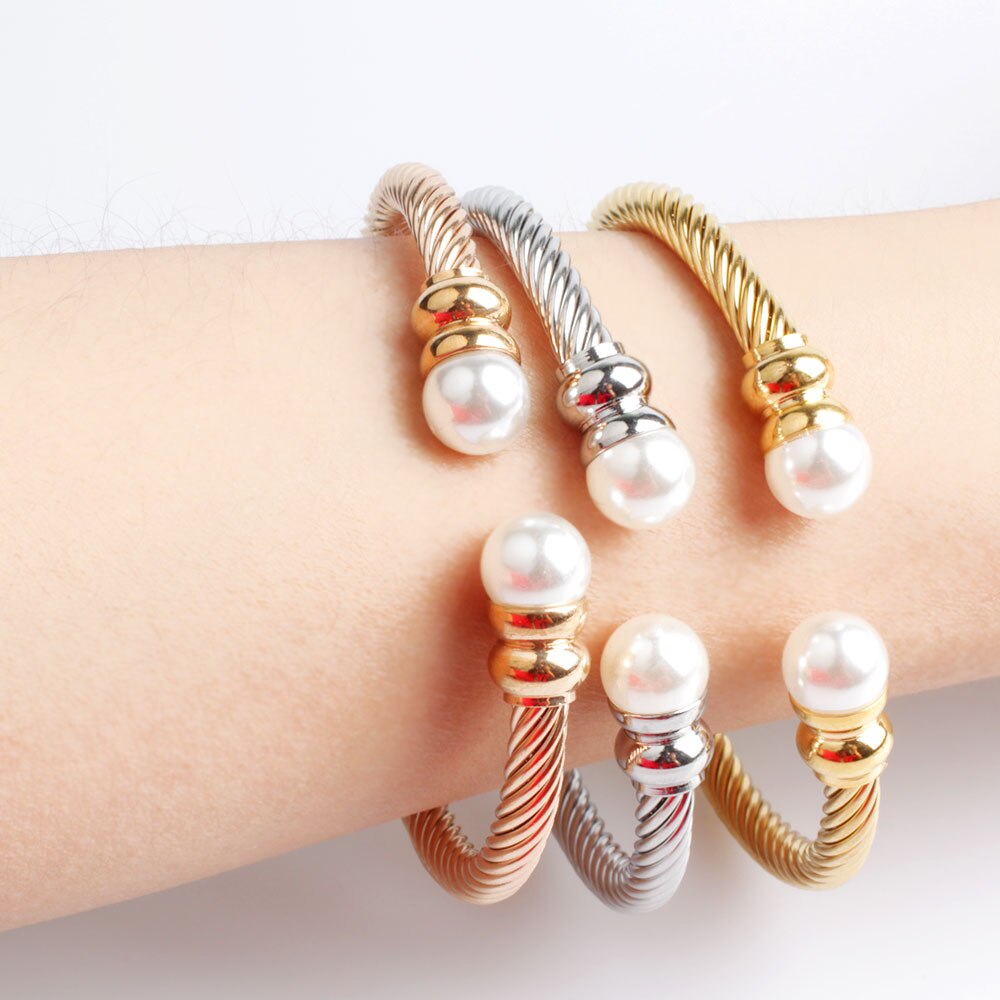 FINE4U B055 Adjustable Pearl Cuff Bracelet Bangles For Women 316L Stainless Steel Twisted Cable Bracelets