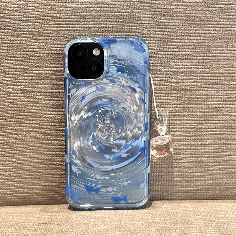 Bonita funda de teléfono para Apple iPhone 16 Pro 14 15 13 Pro Max, funda trasera con colgante de silicona Kawaii Ripple Vortex Fish, fundas 15Pro: Tela de algodón / Negro