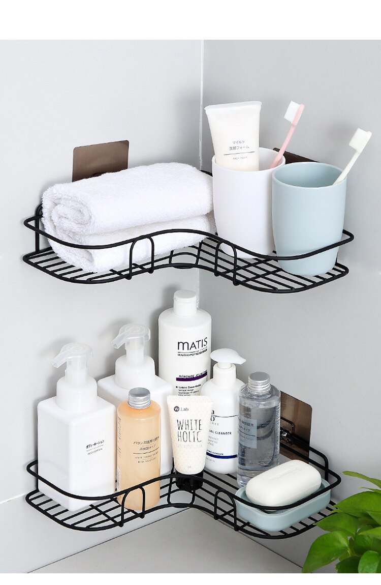 Badeværelseshylde organisation hjørnehylde badeværelsesvægholder shampoo holder sugekop svampe opbevaringskurv