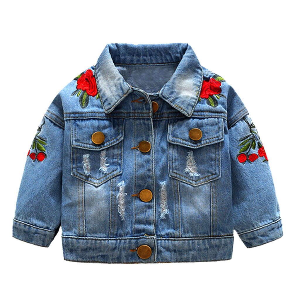 Enfant en bas âge bébé fille printemps automne veste à manches longues Rose broderie coupe-vent Denim manteau filles hauts déchiré jean Outwear: 110(2-3 Years)