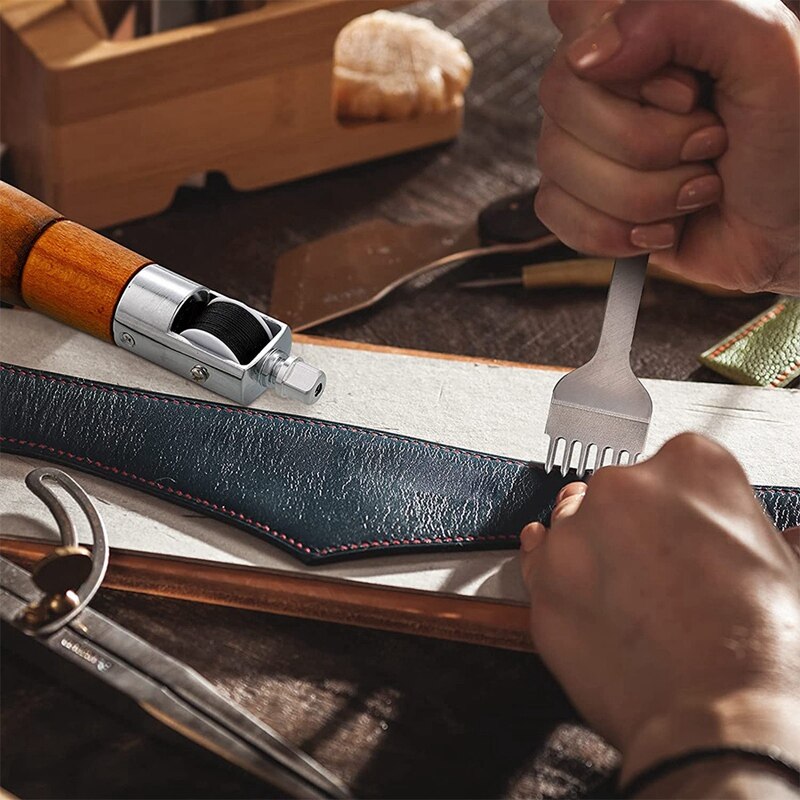 Leather Sewing Awl Kit, Stitching Leather Craft Awl With Needles,DIY Lacing Stitching,Chisel Leather Sewing Waxed Thread