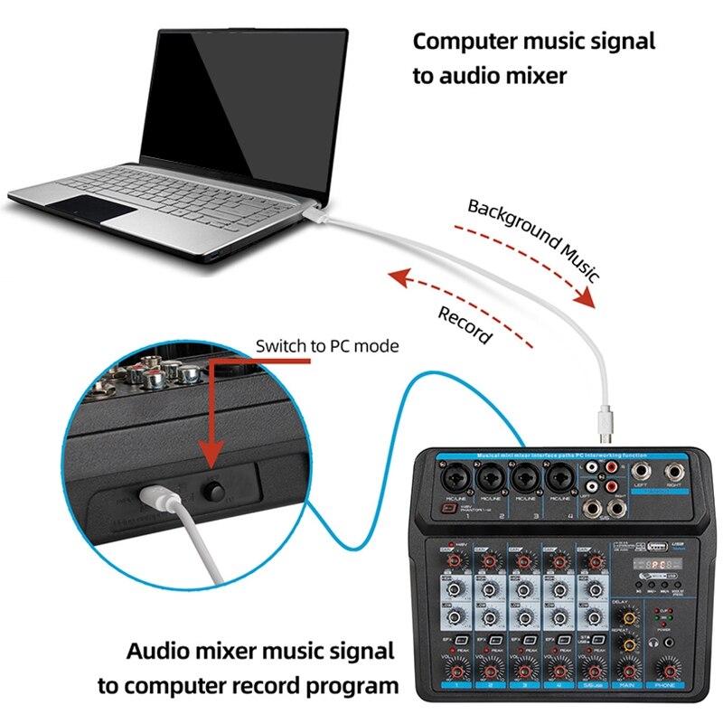 M -6 bærbar mini mixer o dj konsol med lydkort, usb , 48v phantom power til pc optagelse synger webcast fest (us plug)