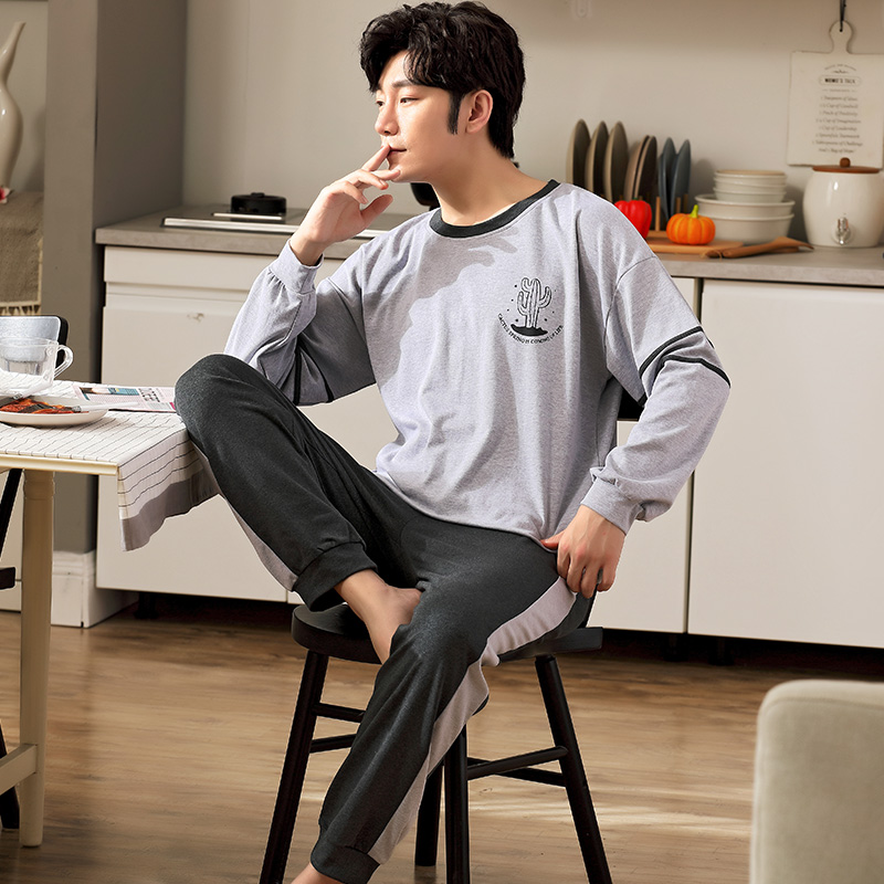 Outono cactus padrão conjuntos de pijamas masculinos manga longa topos calças compridas algodão puro completo homewear casual primavera sleepwear define L-4XL