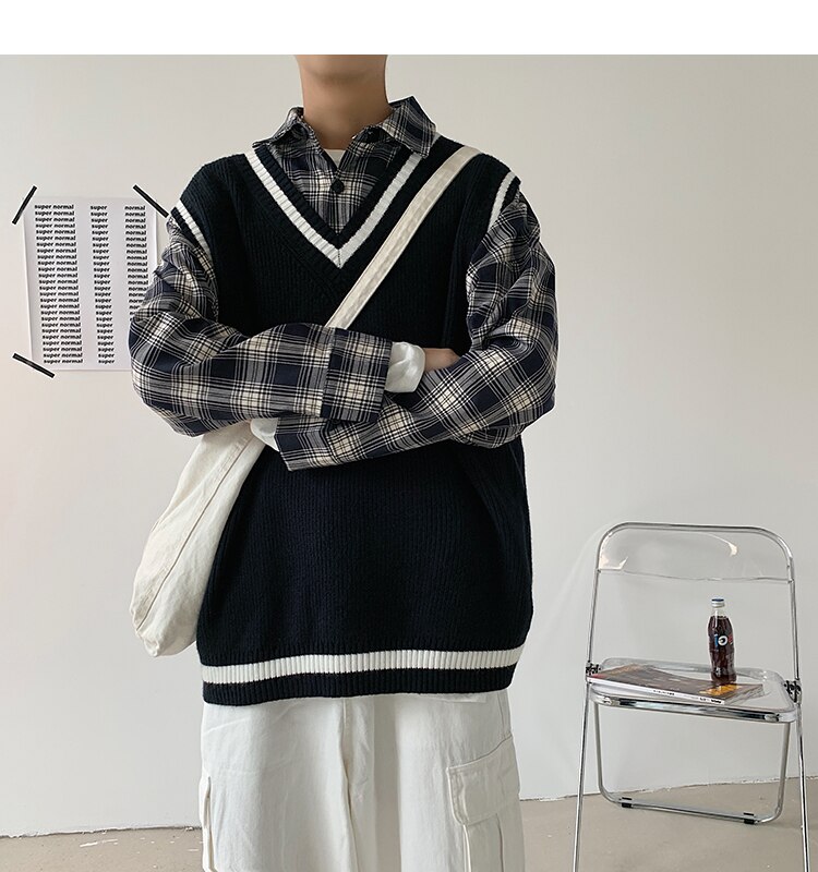 Suéter de punto a rayas con cuello de pico para hombre, chaleco Harajuku coreano, ropa de calle para hombre, ropa cómoda y versátil,