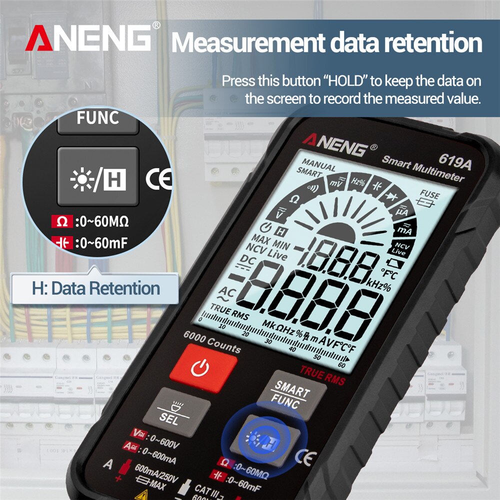 Aneng 619a true rms 6000 counts analog bar multimetro ncv meter digital multimeter ac/dc strömmar spänningsprovare