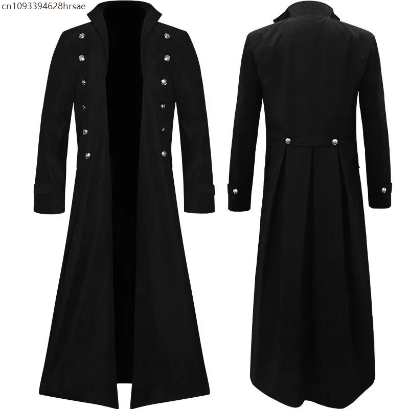 CEENIU Männer Gothic Graben Mittelalterlichen Steampunk Retro Mantel Zweireiher Trim Solide männer Revers Mäntel Vintage Langen Graben