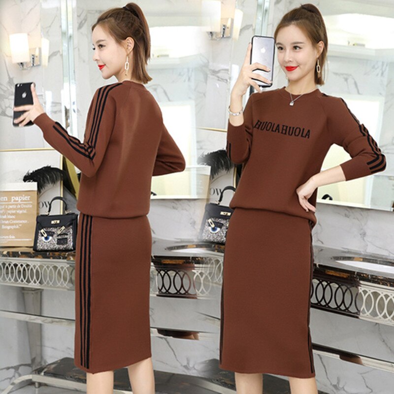 Women's Knit Sweater Dress Set - Long Sleeve O-Neck Pullover + Elastic Waist Mid-Calf Skirt