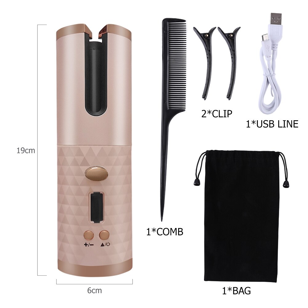 Auto Ceramic Wireless Curling Iron Hair Waver Tongs Beach Waves Iron Curling Wand Air Curler USB Cordless Automatic Hair Curler: Pink